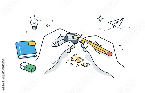 Pencil Sharpening Ritual. Sharpening pencils ? creative routine. Close-up scene of hands sharpening a pencil, symbolizing readiness to create or learn. Calm,