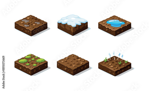 Early Spring Icons. EarlySpring. Isometric flat vector icons set of early spring: damp soil tile, thawed earth block, ground with puddle, soil with moss spots,