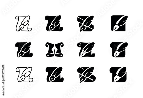 Tradition Meets Modernity. Rewriting traditions. Icon set. Set Logo of Rewriting traditions: merging old scroll with modern pen. harmonious logo variations of