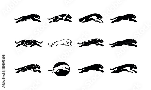 Fierce Panther Logos. Fierce predators. Icon set. Set Logo of fierce predators: leaping panther. harmonious logo variations of the same emblematic concept,