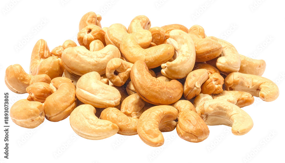 Fototapeta premium A close-up shot of a pile of golden-brown, curved nuts, seemingly roasted, sits against a solid black backdrop
