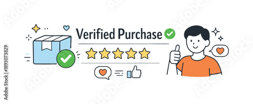 Verified Purchase Design. Verified purchase review. A product marked with a small check icon and positive rating symbols nearby. The illustration communicates