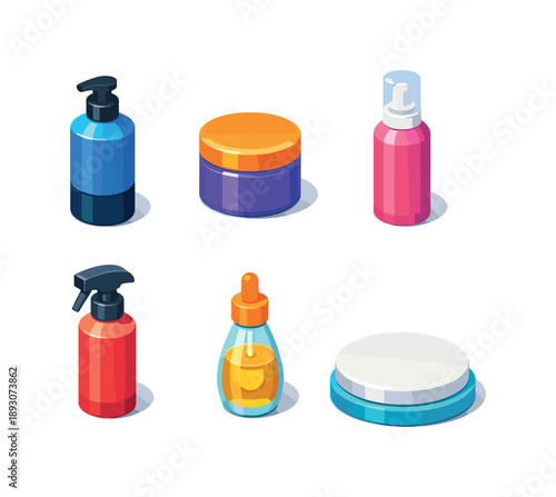 Salon Products Icons. Salon Products. Isometric flat vector icons set of Salon Products: professional shampoo bottle, hair mask tub, styling mousse bottle,