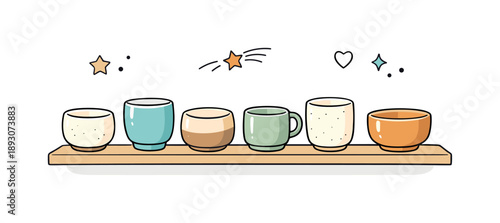 Natural Ceramic Beauty. Handmade ceramic cups. A kitchen shelf with a line of hand-thrown cups, each slightly different in shape and glaze. Quiet imperfection