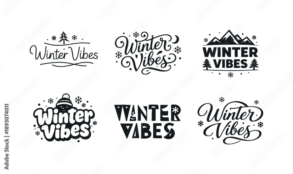 Naklejka premium Winter Lettering Variations. Winter snow vibes. Set lettering. harmonious lettering variations of the same emblematic concept, each with different artistic