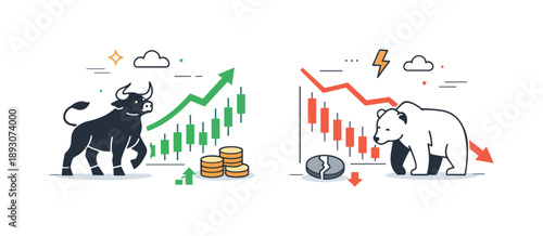 Bull and Bear. Bull and bear market concept. Rising and falling charts side by side, symbolizing market dynamics. Neutral and educational finance scene with