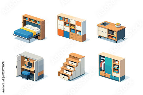 Smart Tiny Furniture Icons. Smart Tiny Furniture. Isometric flat vector icons set of Smart Tiny Furniture: motorized wall bed system, modular storage wall,