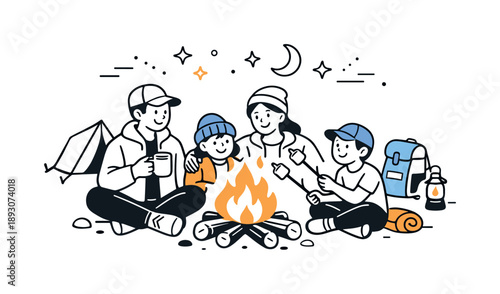 Family Campfire Delight. Family outdoor adventure at night. Warm campfire light, simple gear and smiling faces, feeling of connection, comfort and shared