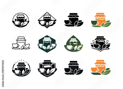 Kombucha Logo Variations. Crafting your own kombucha. Icon set. Set Logo of crafting your own kombucha: kombucha brewing station. harmonious logo variations of