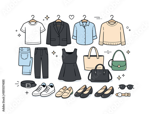 Minimalist Wardrobe Essentials. Everyday essentials wardrobe. A small collection of timeless clothing items displayed cleanly, shoes and accessories placed