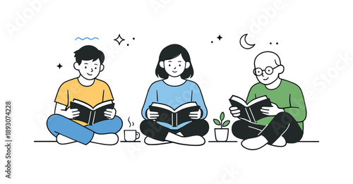 Shared Reading Moment. Shared reading moment. A friendly scene of people sitting together with open books, reading individually but sharing quiet space. The