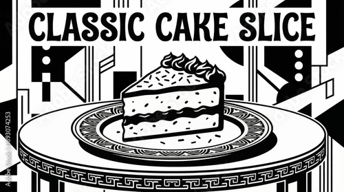 classic cake slice with layered texture and frosting detailed black and white vector illustration, ideal for bakery branding, menu design, and minimal dessert visuals