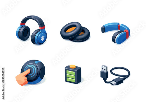 Wireless Headphones Grid. Wireless Headphones. Isometric flat vector icons set of Wireless Headphones: bluetooth headphones, padded ear cushions, foldable