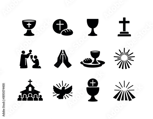 Holy Communion Icons. Holy communion. Solid icon set of Holy communion: communion chalice, bread wafer, wine cup, altar cross, church ritual, hands in prayer,