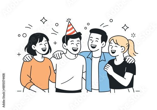 Birthday Celebration Vibes. Birthday joy with friends. Group standing close in a cozy setting, one person wearing a birthday hat while others laugh and share