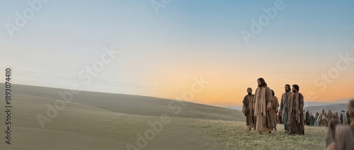 Jesus and his disciples walking on a grassy hill at sunset, with a crowd following them ready for the Sermon on the Mount. Banner with copy space