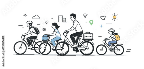 Urban Bicycle Commute. Bike riding group commute. People riding bicycles in the same direction with calm focus. Everyday urban mobility and eco-friendly