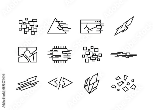 Digital Shard Icons. Digital shards. Line icon set of Digital shards: fragmented pixel, glitch triangle, broken interface piece, digital sliver, shattered UI