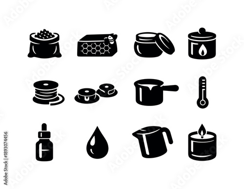 Eco-Friendly Candle Icons. Candle making with eco-friendly wax. Solid icon set of candle making with eco-friendly wax: soy wax bag, beeswax block, coconut wax