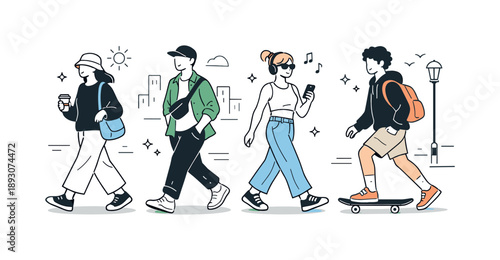 Urban Fashion Vibes. Street style evolution. Fashionable individuals walking through a city space, casual trendy clothing and expressive silhouettes, relaxed