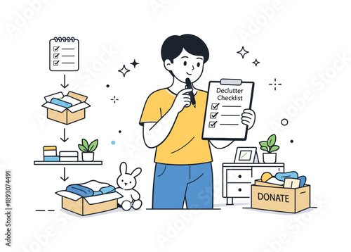 Organized Decluttering Scene. Decluttering lifestyle scene. A person holding a checklist while tidying a room, thoughtful and organized approach. Step-by-step