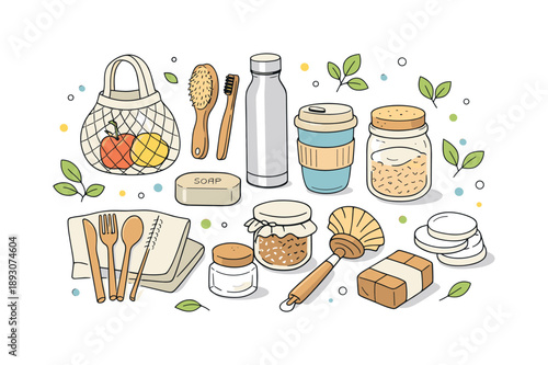 Eco-Friendly Household Items. Eco-friendly household items. Zero waste products displayed with small leaf accents and abstract shapes around them. Natural