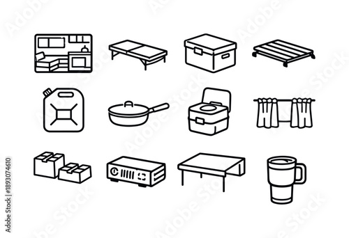 Van Life Icons. Van Life. Line icon set of Van Life: camper interior, foldable bed, storage box, roof rack, water tank, cooking pan, portable toilet, window