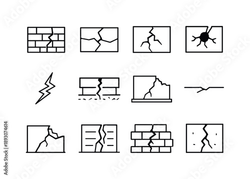 Cracked Structure Icons. Cracked Structure. Line icon set of Cracked Structure: crack in brick, concrete split, fractured wall, drywall damage, jagged break,