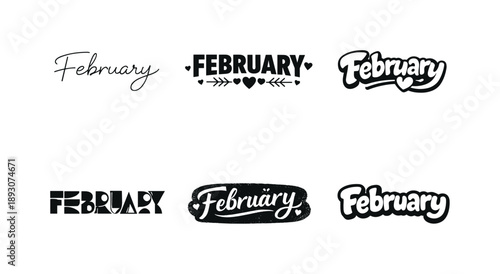 February Lettering Grid. February vibes. Set lettering. harmonious lettering variations of the same emblematic concept, each with different artistic