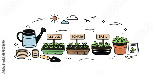 Spring Garden Preparation. Early spring garden preparation scene. A tidy garden space with seedlings, labeled markers, and a watering can placed neatly,
