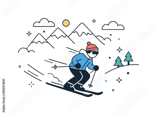 Minimalist Ski Adventure. Winter Travel and Ski Resort Graphics. Simple skier figure gliding down a slope with mountains and clouds behind. Light dynamic scene