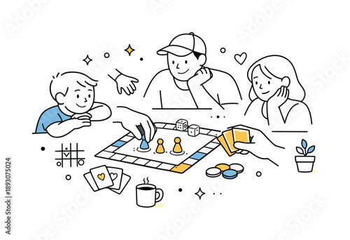 Family Game Night. Home game night. A minimal illustration showing a board game in progress with hands reaching in, surrounded by relaxed family members. The