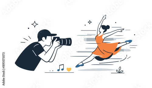 Dynamic Dance Photography. Incorporating movement in photography (motion blur, dance). A photographer tracking a moving subject, camera slightly angled to