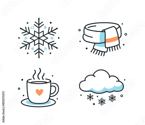 Winter Line Icons. Winter season line icons. A clean editorial set of snowflake, scarf, hot cup and cloud icons drawn with thin outlines, expressing quiet and