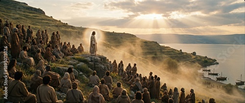 Jesus teaching the Beatitudes to a large crowd of followers atop a hill overlooking a lake. Sermon on the mount, Gospel of Matthew. Banner with copy space