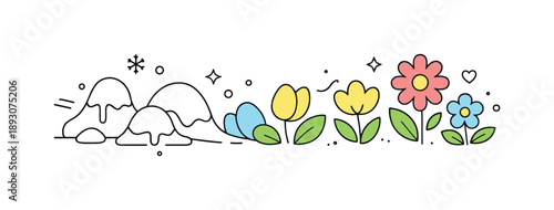 Spring Transformation Artistry. From snow to bloom concept. A soft abstract transition scene with melting shapes gradually turning into rounded floral forms.