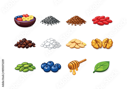 Superfood Bowl Icons. Superfood bowl. Colorful flat vector icons set of superfood bowl: acai bowl, chia seeds, flax seeds, goji berries, cacao nibs, coconut