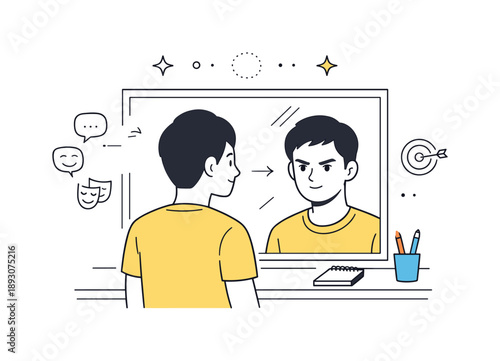 Actor's Emotional Practice. Acting techniques. An actor practicing facial expressions in front of a mirror, subtle emotions shifting from calm to focused. The