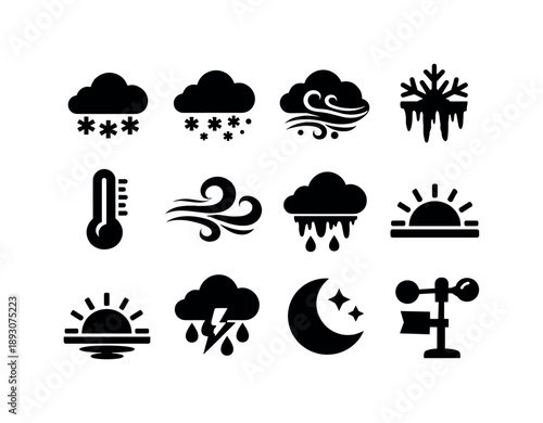 Seasonal Weather Icons. Seasonal weather. Solid icon set of seasonal weather: snow cloud, flurries, blizzard icon, frost icon, cold temperature gauge, wind