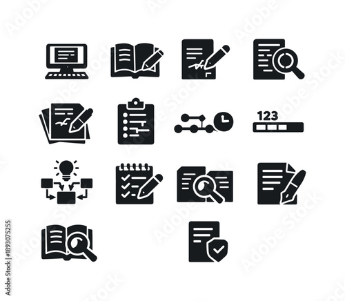 Book Writing Icons. Book Writing Process. Solid icon set of Book Writing Process: typing manuscript, drafting chapters, editing text, proofreading pages,