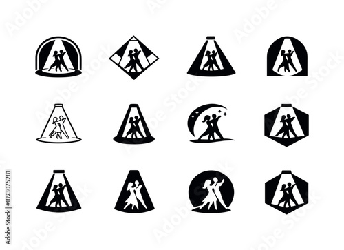 Performance Logo Variations. The art of performance and dance in theatrical settings. Icon set. Set Logo of the art of performance and dance in theatrical