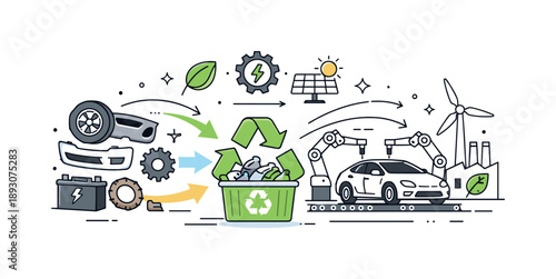 Eco-Friendly Car Production. Sustainable automotive manufacturing. Recycled materials flow from old car parts into the production of a new vehicle. Renewal,