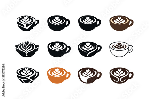 Barista Art Icon Set. Barista art. Icon set. Set Logo of Barista art: cup with rosette latte art. harmonious logo variations of the same emblematic concept,