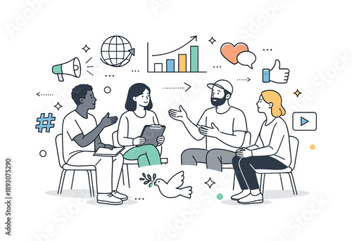 Social Awareness Discussion. Ways to increase social awareness and activism. A group of diverse people having a discussion with charts and social media icons