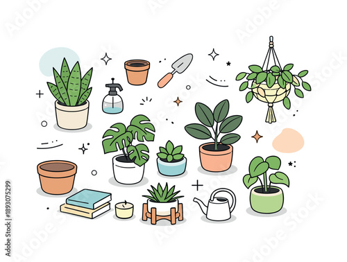 Minimalist Plant Arrangement. Houseplant decor flat lay. Top view of indoor plants and pots arranged evenly, emphasizing greenery, simplicity, and clean