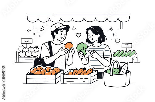 Grocery Shopping Friends. Friends choosing groceries together. People comparing fruits and vegetables at an open-air market, sharing opinions and laughing