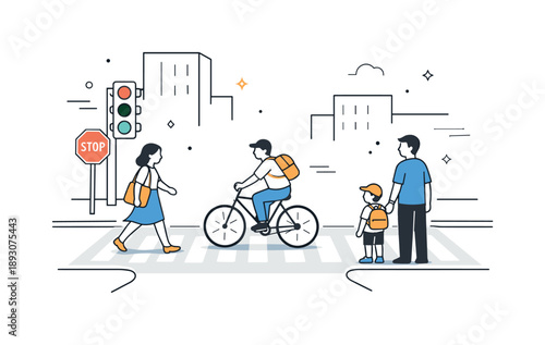 Minimalist Urban Intersection. Urban intersection moment. A simplified intersection with crosswalk lines, stoplight, and minimal building shapes in the