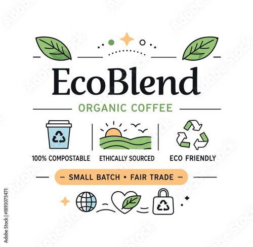 Eco-Friendly Coffee Label. Eco-friendly coffee packaging label. Sustainable coffee label featuring leaf accents, reusable symbols, and soft organic shapes.