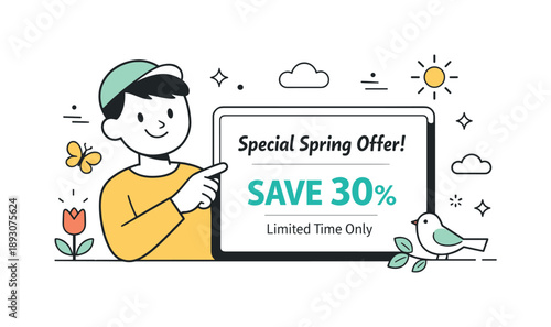 Seasonal Offer Display. Seasonal promotion concept. A clean editorial scene showing a simple character presenting a seasonal offer on a card or tablet,