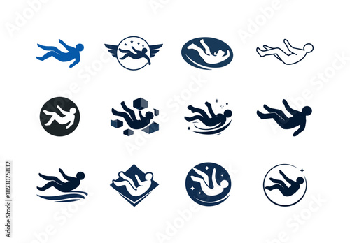 Weightlessness Logo Designs. Weightlessness. Icon set. Set Logo of Weightlessness: zero gravity human pose. harmonious logo variations of the same emblematic